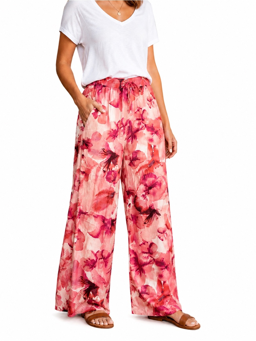 a.n.a Floral Wide Leg Drawstring Pants Pink Red 2X